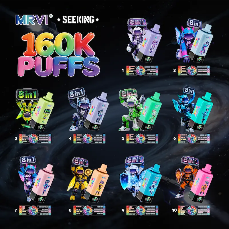MRVI 160K Puffs Disposable Vape – SEEKING 10 Flavors 8 in 1 , 100mL E-Liquid Dual Mesh Coil Type-C Charging 