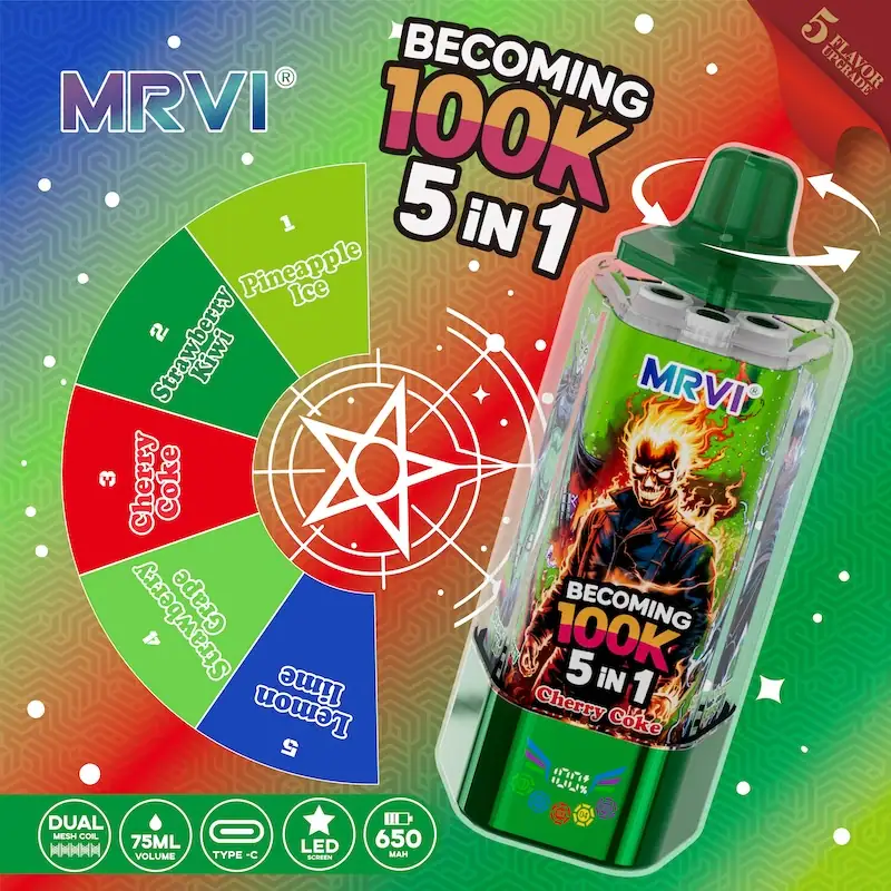 MRVI 100000 bocanadas 5 en 1: ¡100 bocanadas! Vape recargable multisabor con pantalla completa.