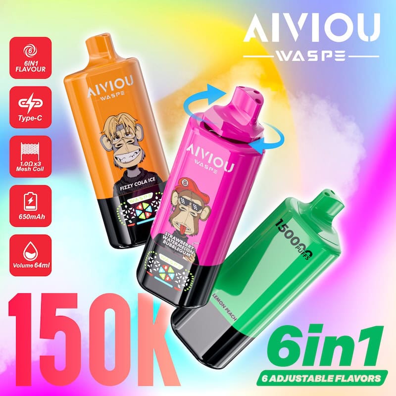 WASPE AIVIOU 150000 Fújás 150k Eldobható Vape 64ml 6 az 1-ben Aromarendszer Hármas 1.0Ω Mesh Tekercs Újratölthető C-típusú LED Kijelző