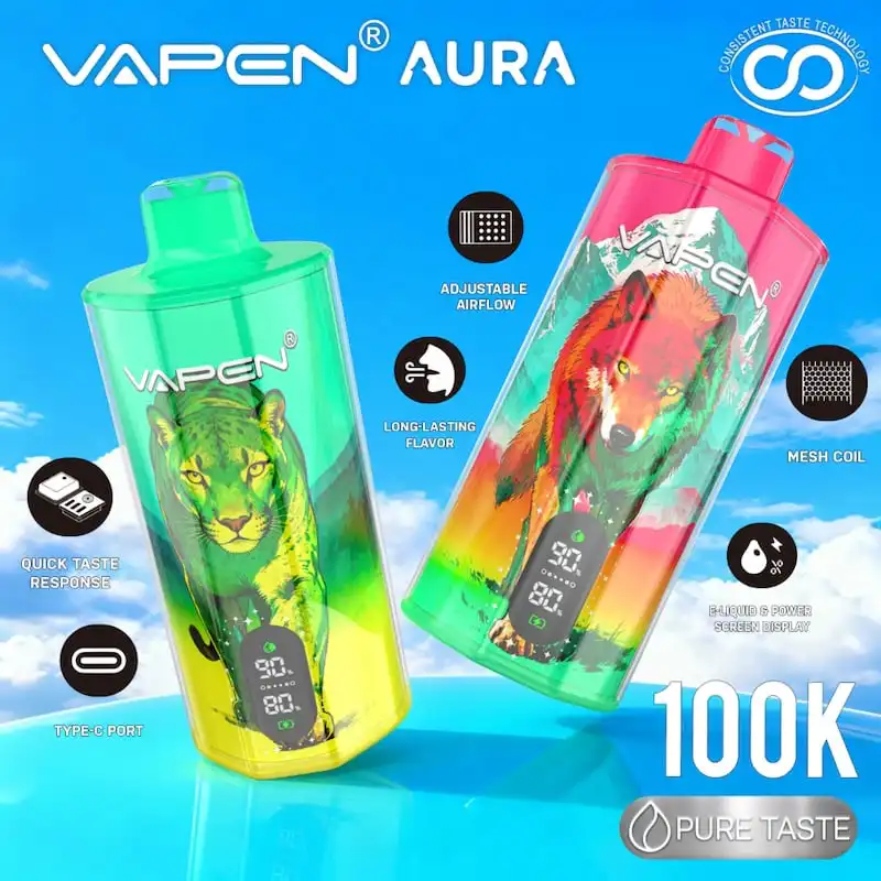VAPEN AURA 100K 使い捨てベイプ - 100000万回吸引、650mAh Type-C、メッシュコイル（12種類のフレーバー）