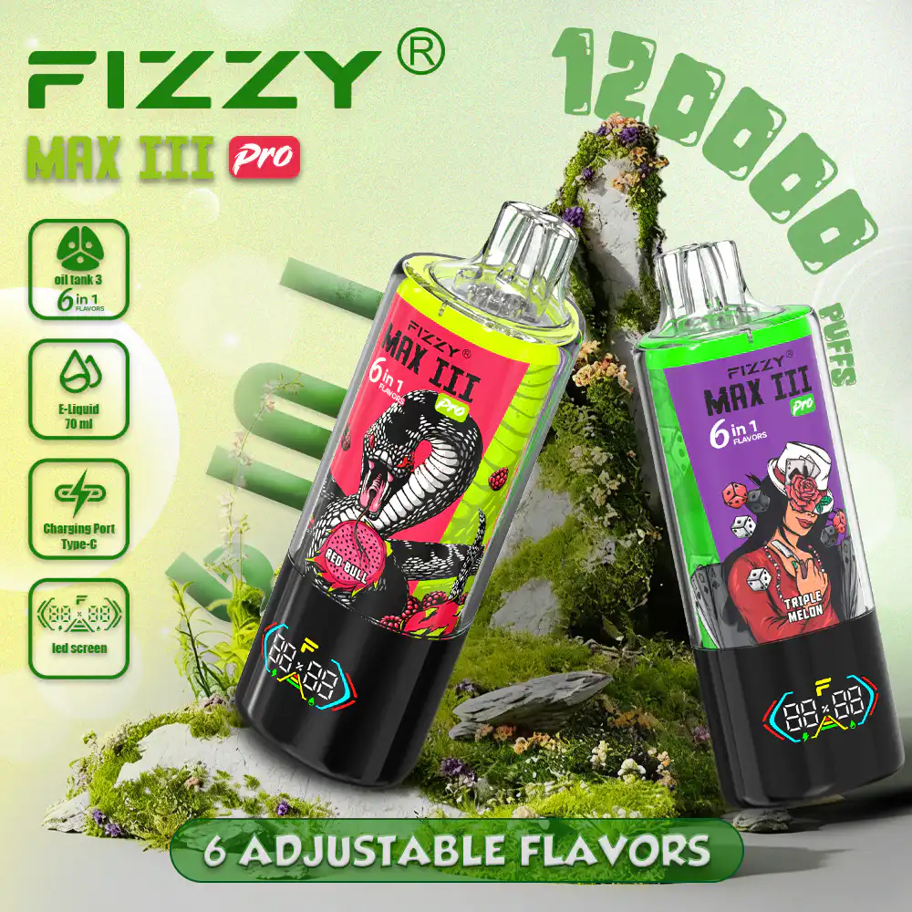 Fizzy MAX 3 6 in 1 disposable vape 120000 puffs main view with LED display
