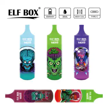 ELF BOX vape bottles with colorful, zombie-themed designs for e-liquids, featuring 600mAh, 25ml capa.
