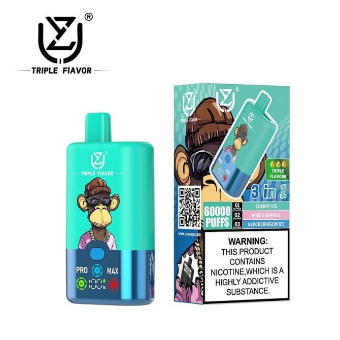 UZY Triple Flavor 60000 Puffs Vape 3 in 1 Disposable E Cigarette with Smart LED Display
