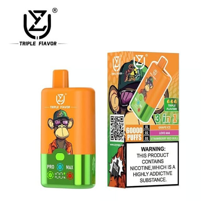 UZY Triple Flavor 60000 Puffs Vape 3 in 1 Disposable E Cigarette with Smart LED Display