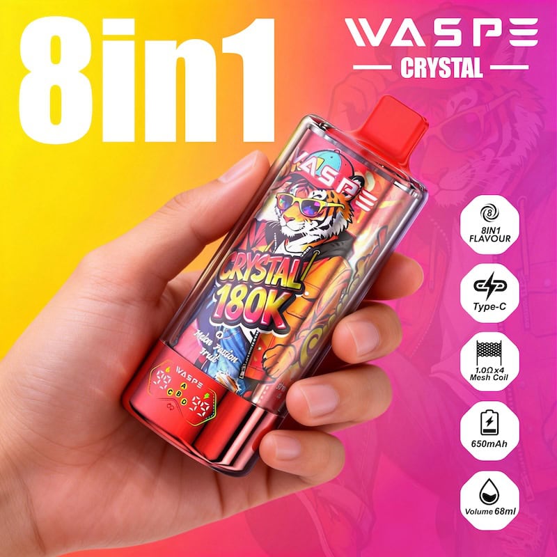 WASPE Crystal 180k 8-in-1 180000 Puffs Disposable Vape 68mL Prefilled E-Liquid, 4 Mesh Coils, Rechargeable Type-C, LED Display