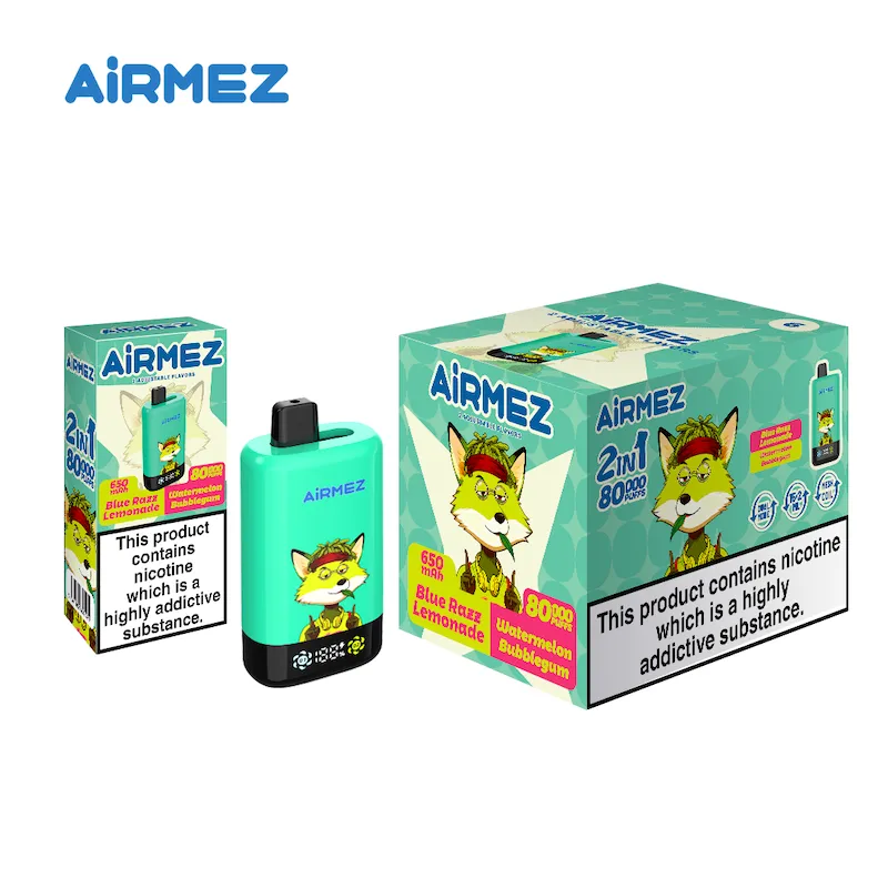 AIRMEZ 2IN1 Blue Razz Lemonade Watermelon Bubblegum Vivivapes dult vaper holding sleek 110g Airmez 2in1 80K Pro disposable vape