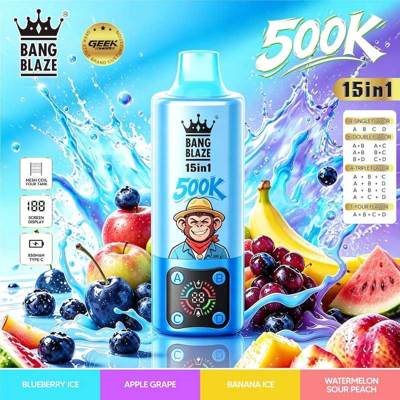 BANG Legend 500K 15 In 1 Disposable Vape Vivivapes Original BANG BLAZE 500K 15 in 1 packaging box showing 500,000 puff capacity and specifications.