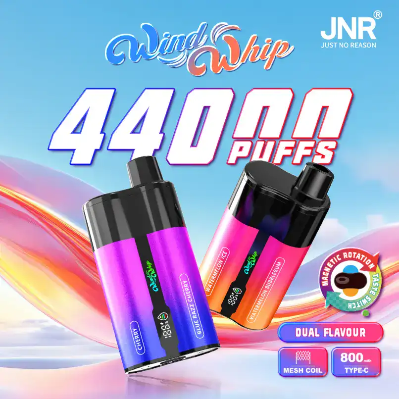 The JNR WindWhip 44K Puffs disposable vape delivers 44,000 satisfying puffs with 40ml of e-liquid and 2% nicotine strength. Equipped with an 800mAh Type-C rechargeable battery, mesh coil for smooth vapor, adjustable airflow, and a smart LED screen to track status—perfect for on-the-go vaping.