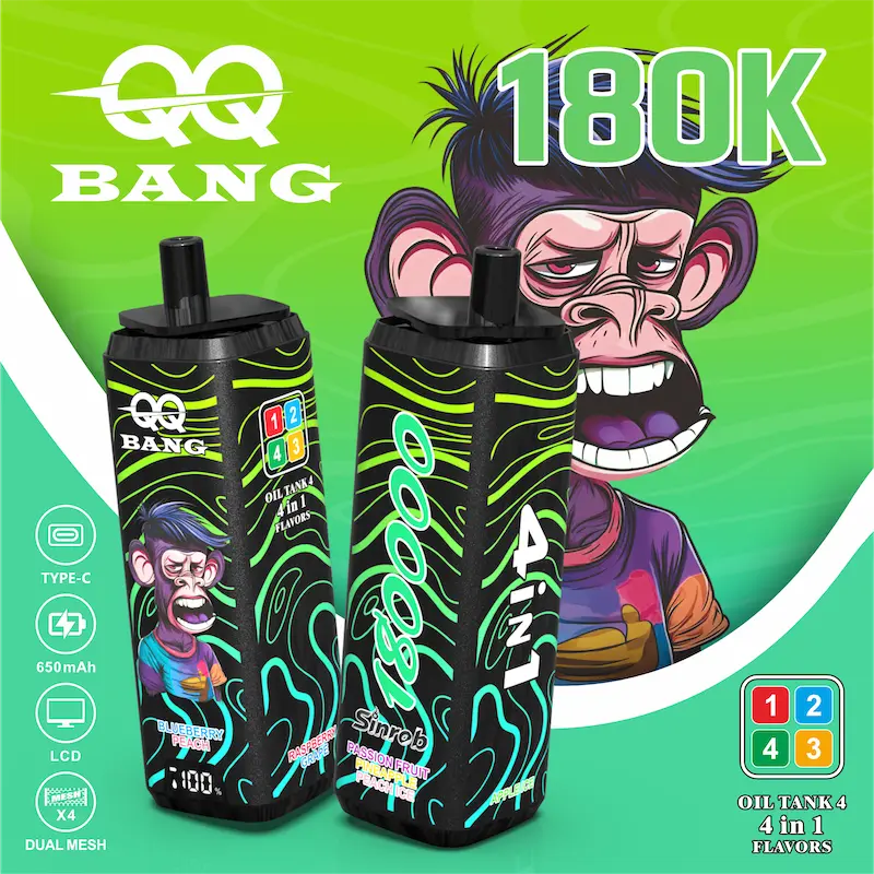 Hand holding QQ BANG 180K puffs dual mesh disposable vape showing size comparison