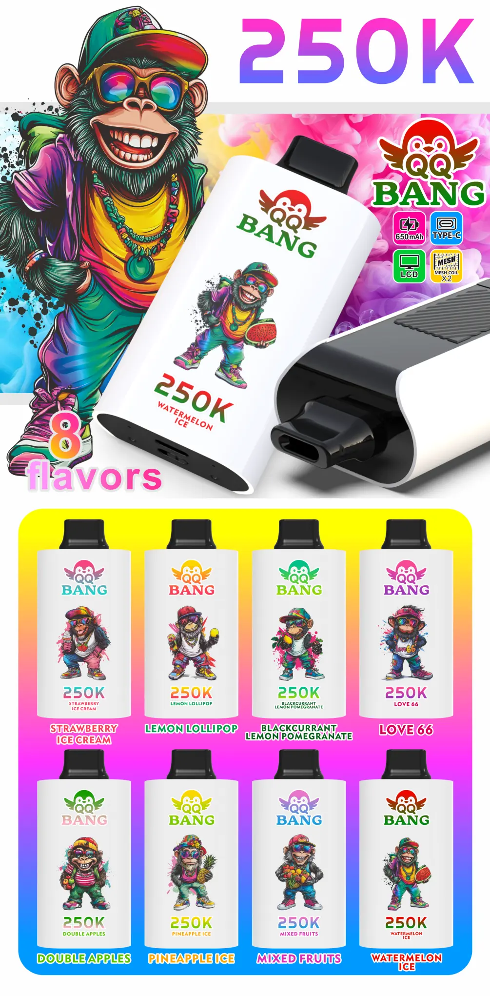 Single unit flavor mixing box option for QQ Bang 250K vape bulk orders