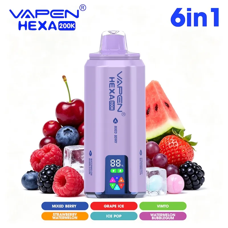 VAPEN HEXA 鏁堟灉鍥 鐧藉簳姘存灉鍥 Set 5 Mixed聽Berry聽Strawberry Watermelon聽聽Grape聽Ice聽聽Ice聽Pop聽聽聽Vimto聽聽Watermelon聽Bubblegum Vivivapes VAPEN HEXA 6IN1 200K Puffs ready for B2B wholesale distribution shipping