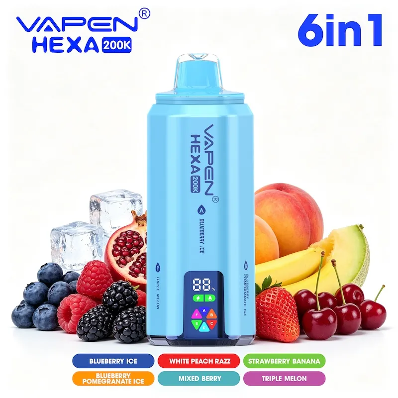 VAPEN HEXA 鏁堟灉鍥 鐧藉簳姘存灉鍥 Set聽1 Blueberry聽Ice聽聽Blueberry聽Pomegranate聽Ice聽聽White Peach Vivivapes Smooth airflow intake system on VAPEN HEXA 200K Puffs disposable device