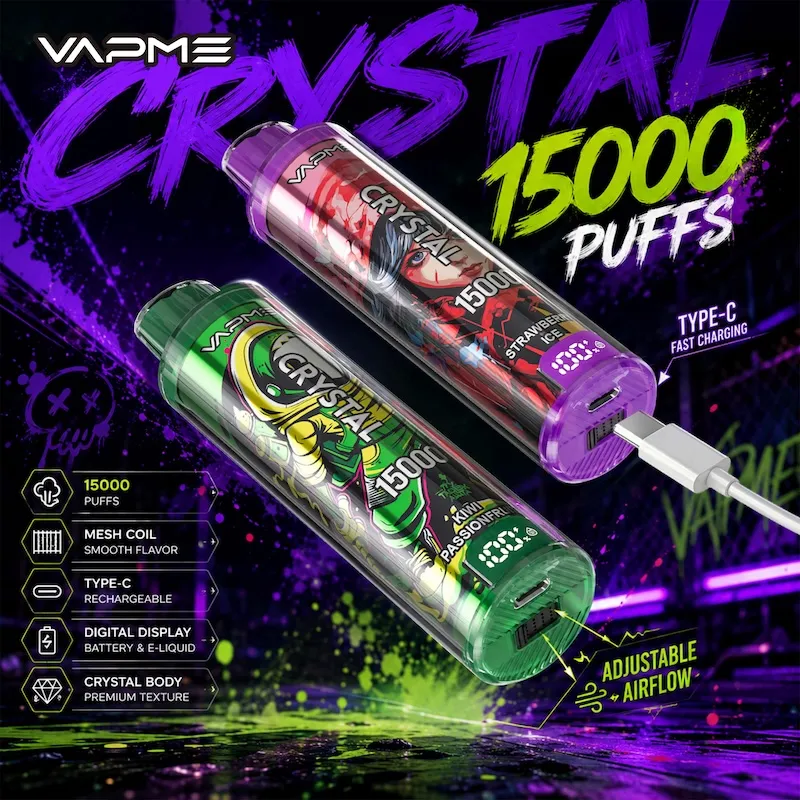 VAPME CRYSTAL 15000 Puffs Disposable Vape front view showing crystal clear shell design