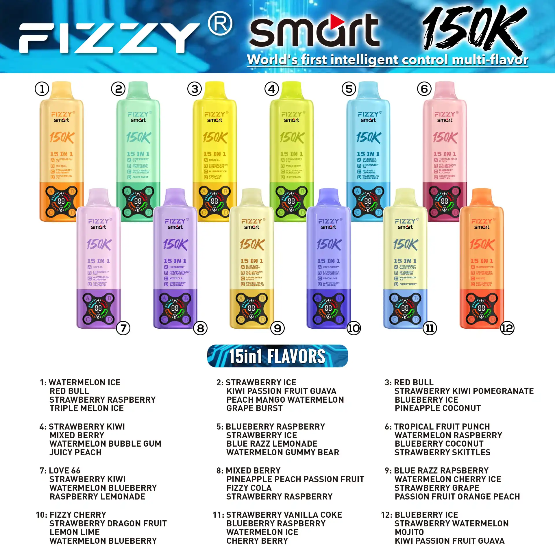 Fizzy Smart 150k Puffs Disposable Vape | 15-in-1 Flavors Mesh Coil 80mL Prefilled Pod Kit Rechargeable Vape