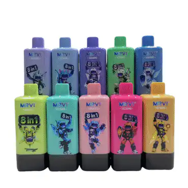 8-in-1 vape liquid bottles with colorful packaging, ideal for vaping enthusiasts seeking variety and.