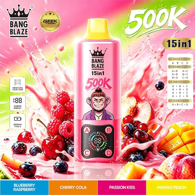 bang legend 500k 15 in 1 price Vivivapes Close-up of smart LED screen on BANG BLAZE 500K showing battery status and e-liquid level indicator.