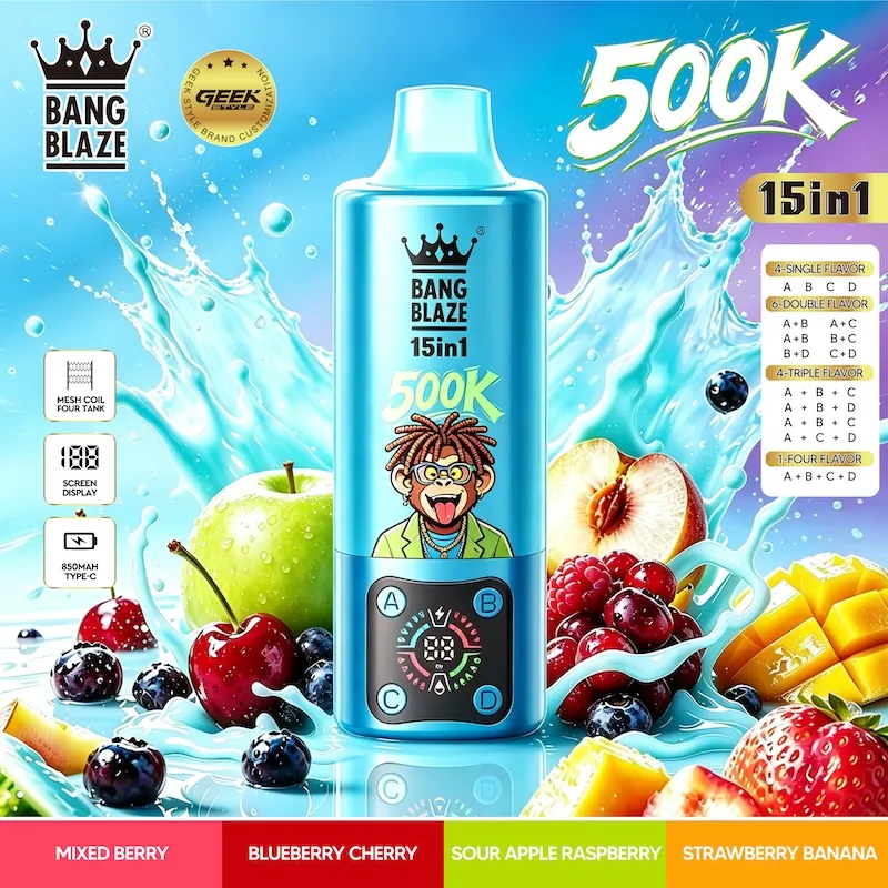bang legend 500k 15 in 1 wholesale Vivivapes BANG BLAZE 500K 15 in 1 multi flavor switching mechanism showing fruit and beverage flavor options.