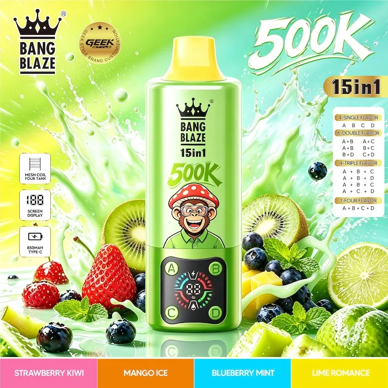 best bang legend 500k 15in1 online best price Vivivapes BANG BLAZE 500K 15 in 1 yellow edition disposable vape with cool monkey mascot design.