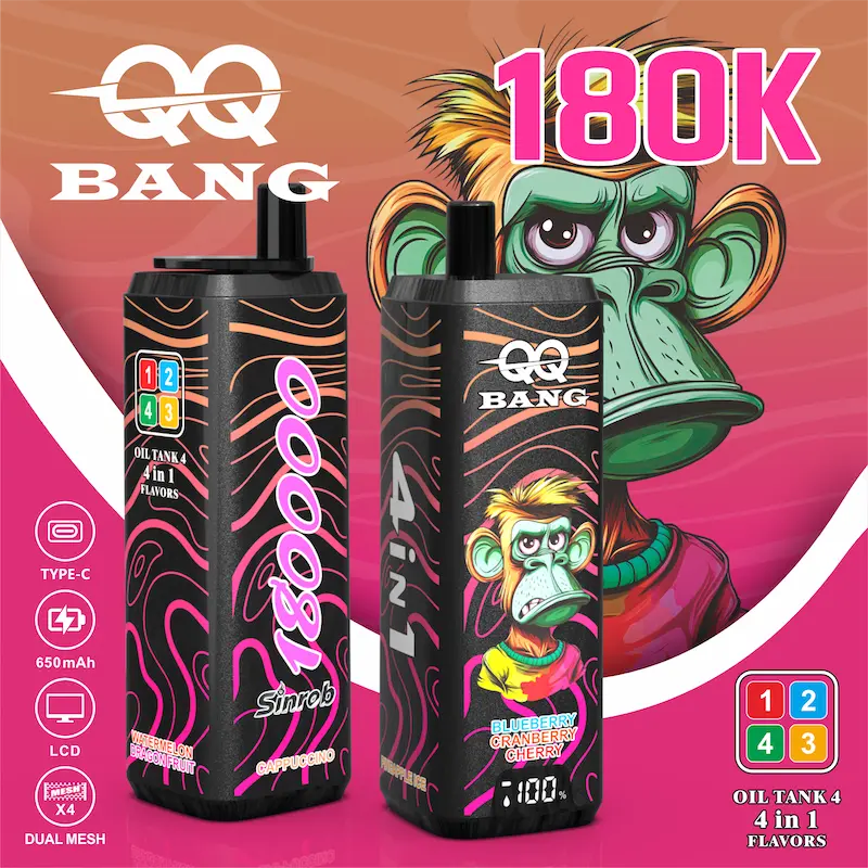 QQ BANG disposable vape LCD display showing battery percentage and e-liquid level