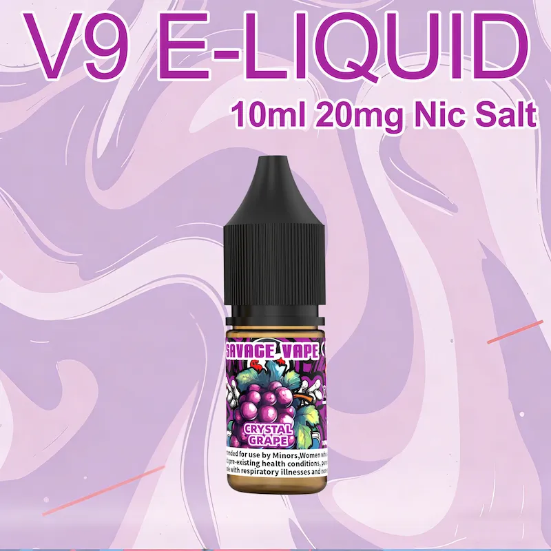 crystal grape Vivivapes Label shot highlighting 20mg/ml Nicotine Salt strength on SAVAGE V9