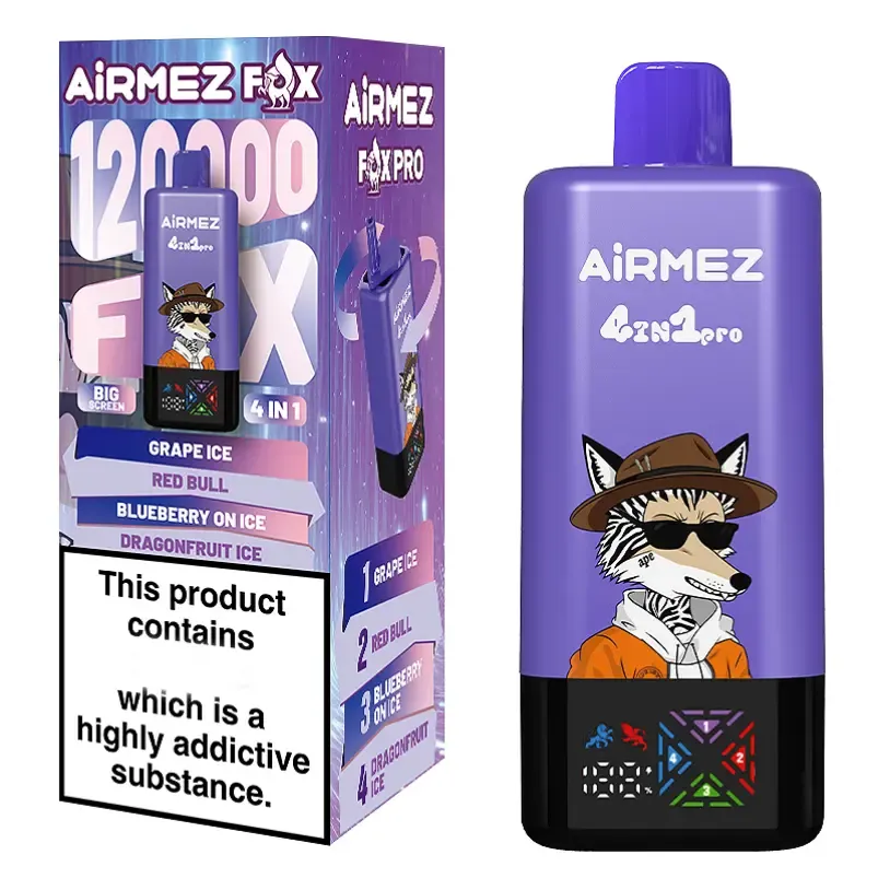 imgi 107 Airmez Fox 120000 Puffs 4in1 Pro 7 Vivivapes Airmez Fox Pro 120k Smart LED Display showing Battery and Flavor Status