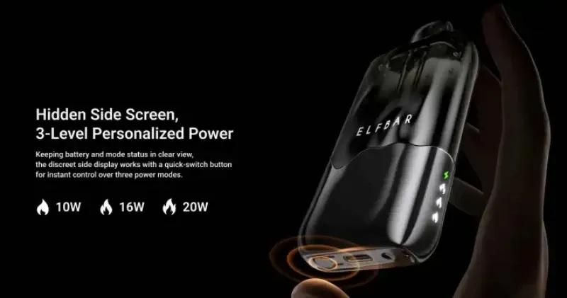 Close-up of the Hidden Side Screen on ELFBAR Duke 30k displaying battery and juice level