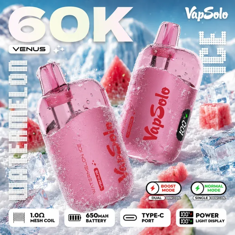 Vapsolo Venus 60000 Puffs Disposable Vape device front view showing smart power display screen.
