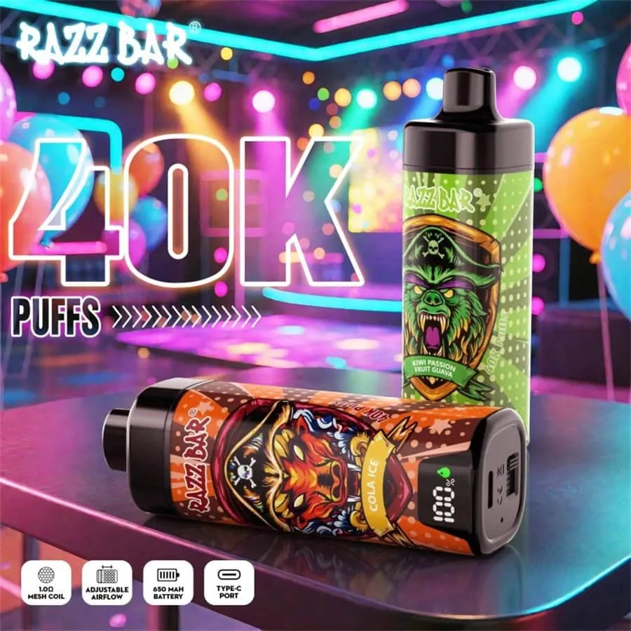 Razz Bar 40K Puffs Disposable Vape - 650mAh Rechargeable, Mesh Coil, Type-C, 16 Flavors, 2%/5% Salt Nicotine