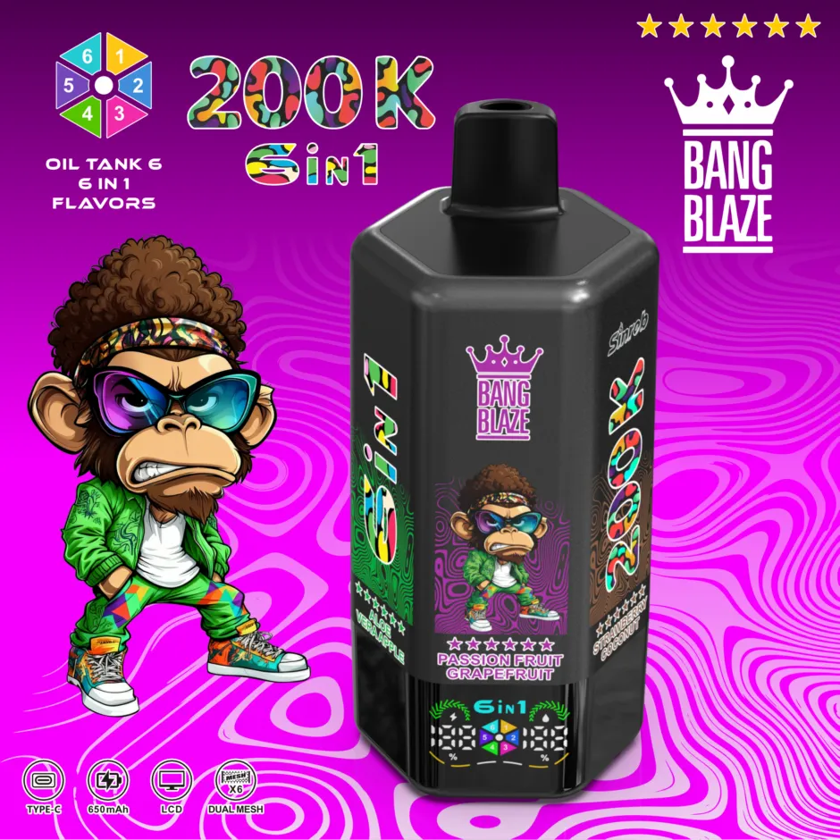 BANG BLAZE 200K Puffs 6in1 Disposable Vape – 12 Mixed Flavors, 72ml E-Liquid, Type-C Charging