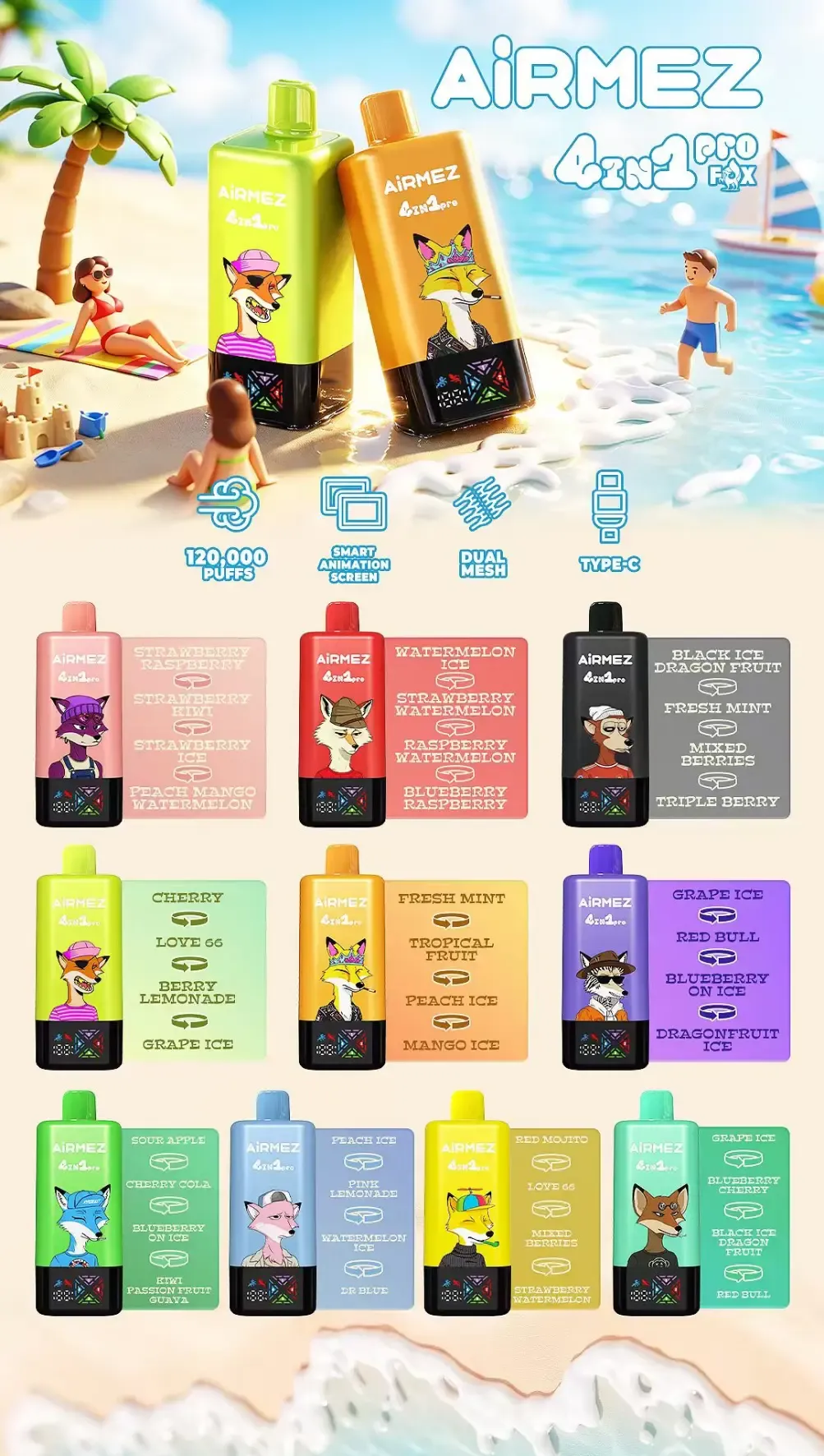 Airmez Fox 120k Strawberry Raspberry Kiwi 4 in 1 Flavor Combo