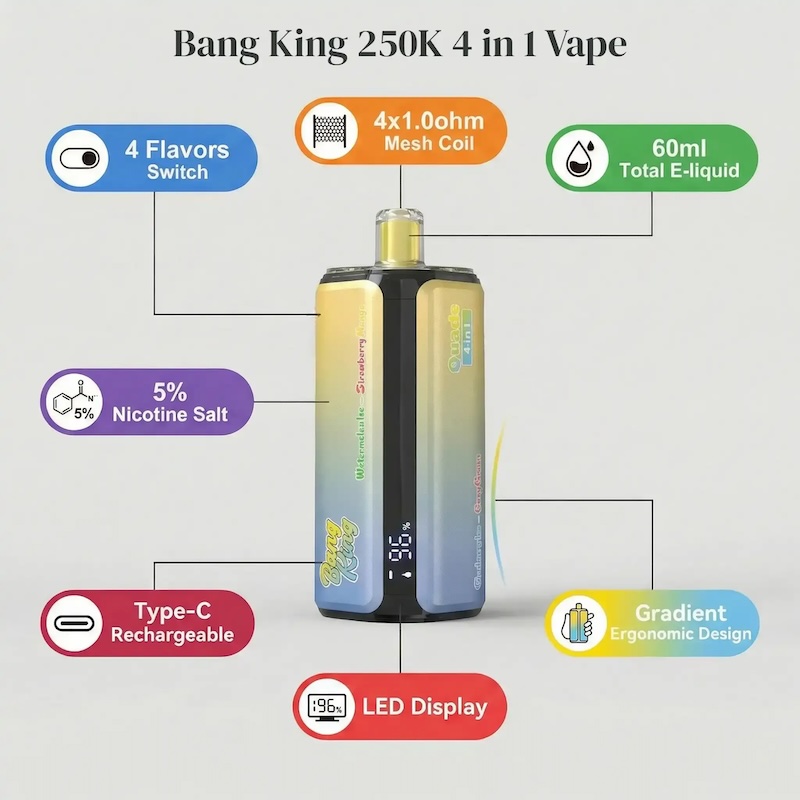 BANG KING 250K BANG KING 250K Wegwerp Vape 4-in-1 Quads | 250000 Trekjes | 15ml x 4 E-liquid | 1.0Ω Mesh Coil