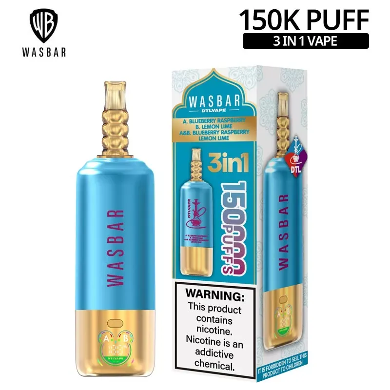 imgi 154 Wasbar 150000 Puffs 3 in 1 Shisha Vape Wholesale Europe Vivivapes Smart LED display screen showing battery and e-liquid levels on WASBAR vape