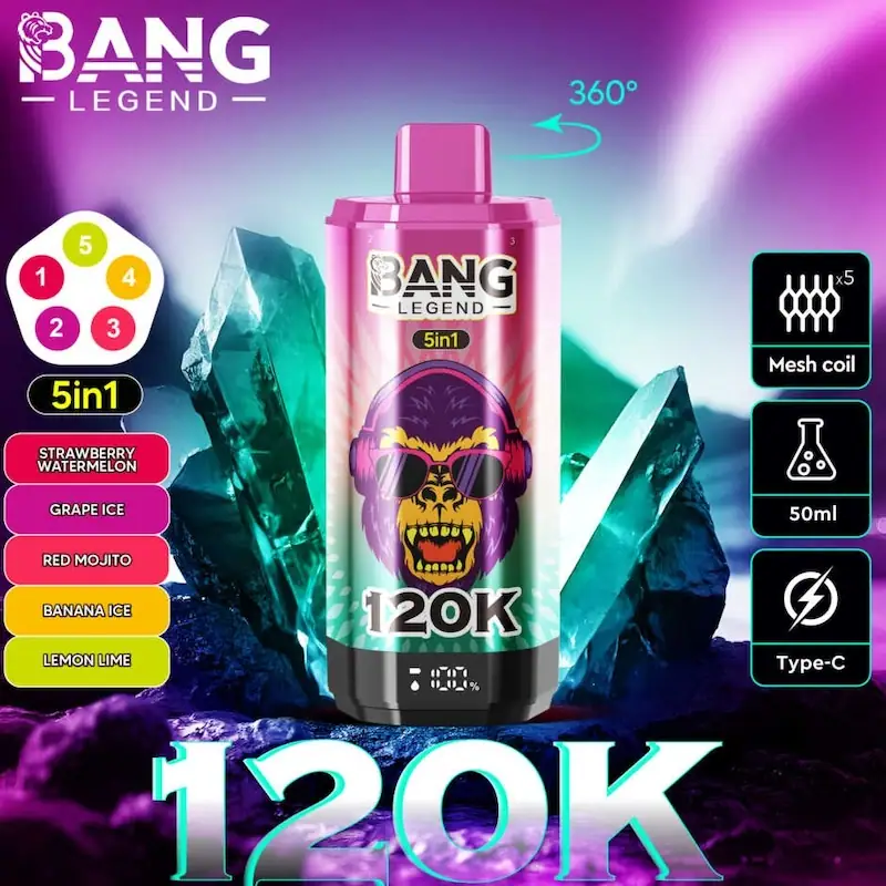 Bang Legend 120000 120K Puffs 5 in 1 Flavors Newest Original Rechargeable LCD Display Disposable Vape VaperSourcing Bang Legend 120000 puffs OEM vape manufacturer