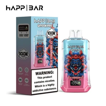 Blue Strawberry Ice disposable vape device with lion graphic, HAPP BAR branding, and packaging.
