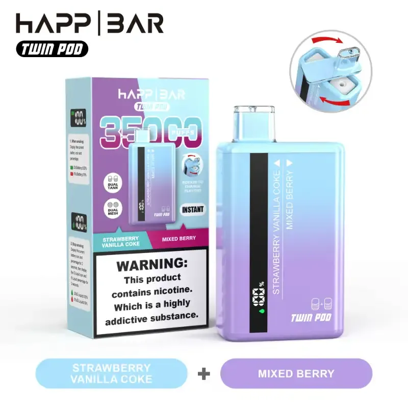 imgi 30 Happ Bar Twin Pod 35000 Strawberry Vanilla Coke Mixed Berry Happ Bar Twin Pod 35000 | High Capacity 35K Puffs Rechargeable Disposable Vape | 36mL E-Liquid