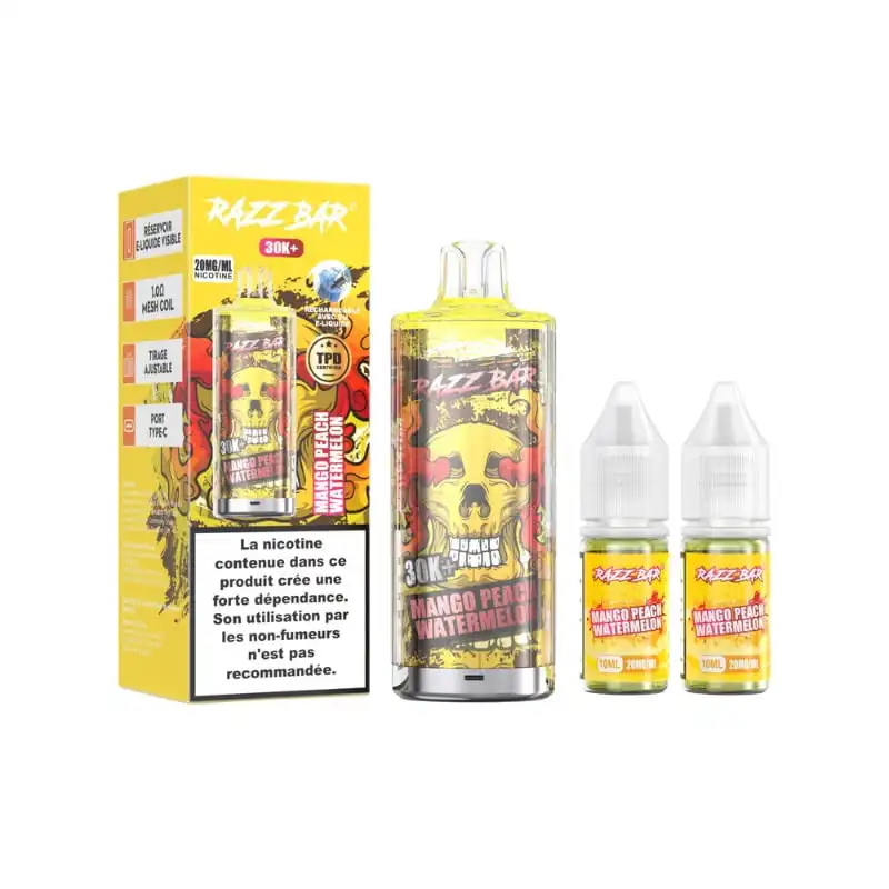 Vape juice bottle and packaging featuring Mango Peach Watermelon flavor from Vivivapes.