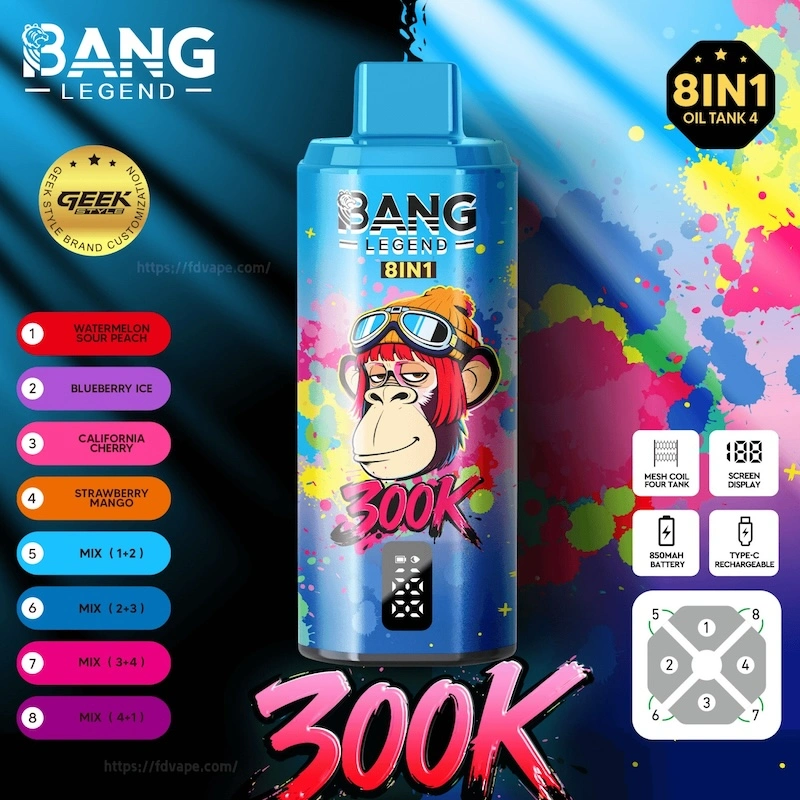 Smart LED display showing battery and juice level on Bang Legend 300K vape