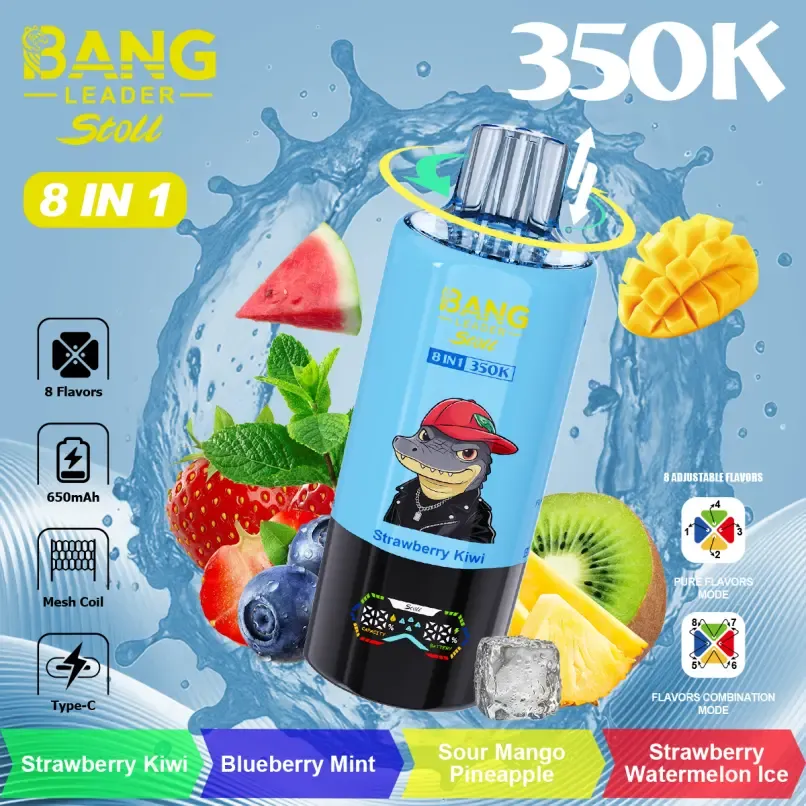 Bright vape device with colorful fruit flavors, including strawberry kiwi, blueberry mint, sour mang.