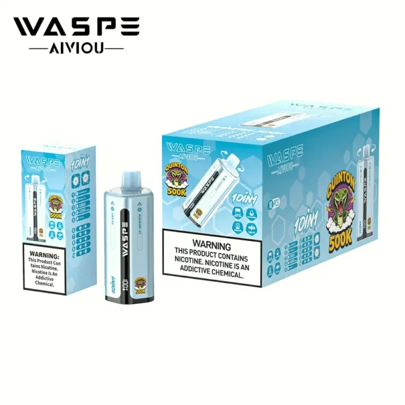 imgi 49 WASPE 10 in 1 Quinton 500K Blueberry Ice Red Bull Ice Strawberry Watermelon Strawberry Raspberry Cherry Cola Ice 3 800x800 1 Vivivapes High capacity WASPE 500k puff vape standing next to Happ Bar CK4000 model