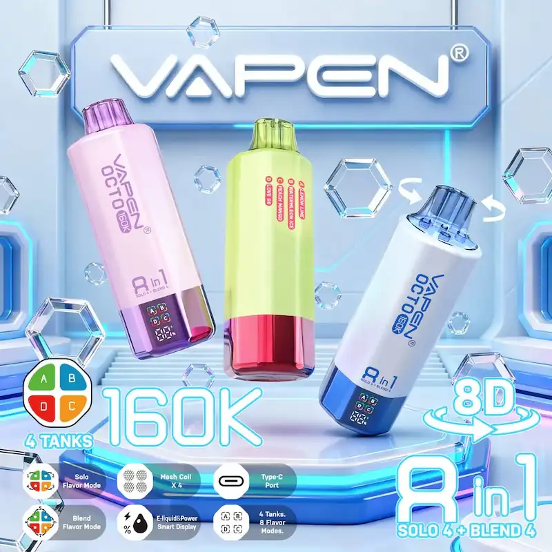 VAPEN OCTO vape front view showing clear oil and battery screen - 8 flavors in 1 device