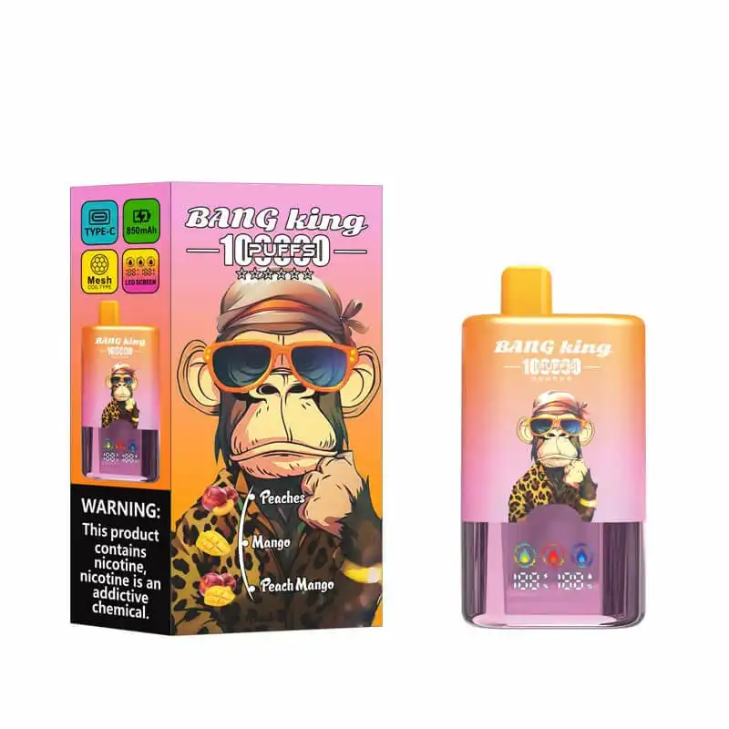 imgi 4 Bang King 100K 3 Vivivapes Brightly colored vape device and packaging featuring a cartoon monkey with sunglasses and leopard pr.