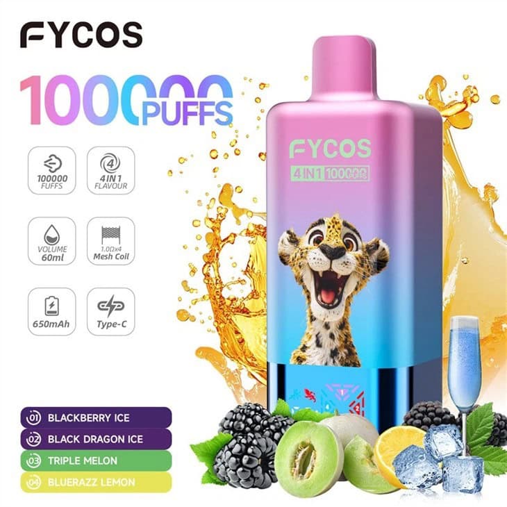 FYCOS 100K Puff 4in1 | Mesh Coil Rechargeable Vape Kit | 60mL Prefilled E-Cigarette
