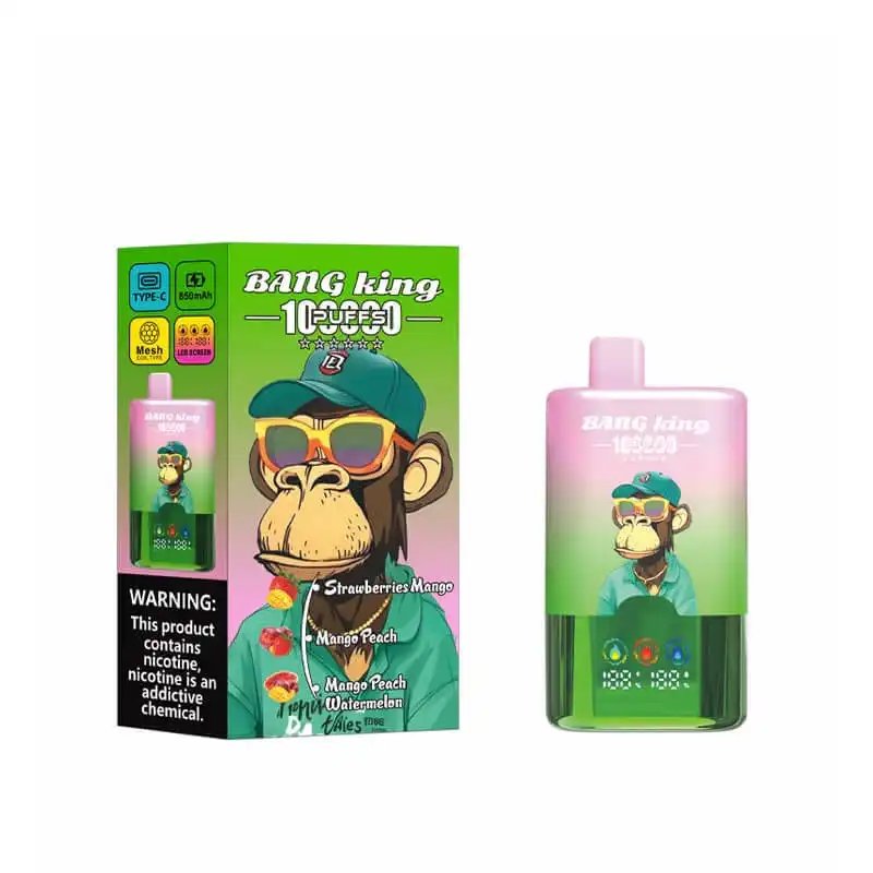imgi 6 Bang King 100K 5 Vivivapes Bang king disposable vape device with colorful monkey graphic, strawberry mango flavor, and digital.