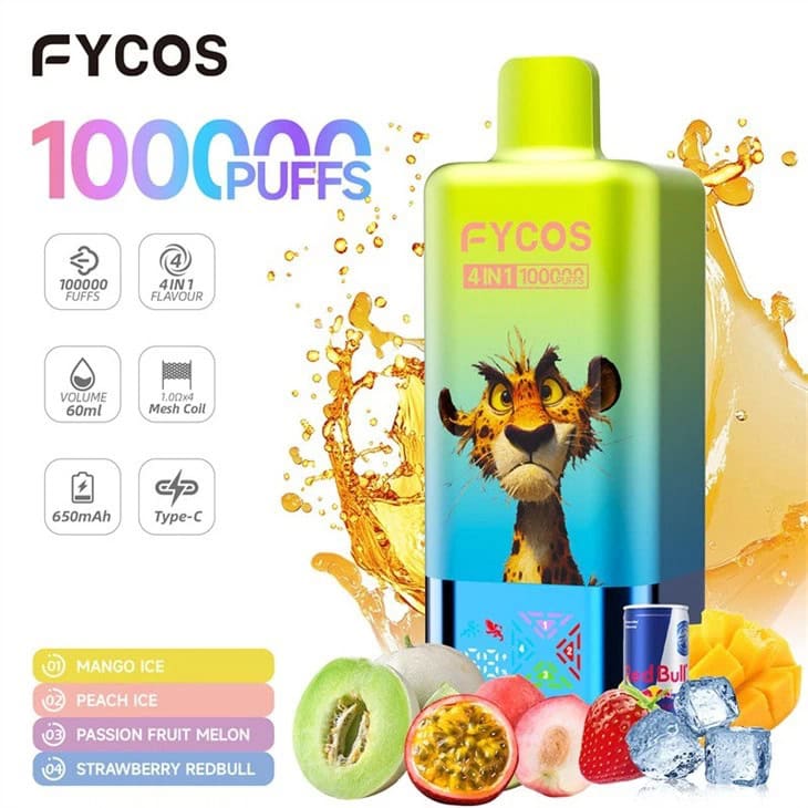 FYCOS 4 IN 1 100K Puffs Rechargeable Mesh Coil Vape Kit - 60mL Prefilled E-Cigarette 