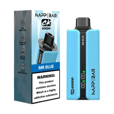 ViviVapes Happy Bar Mr Blue disposable vape with digital display and nicotine warning.