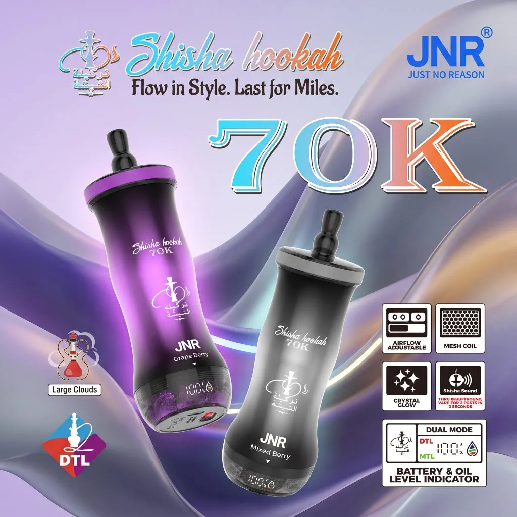 NR Shisha Hookah 70K Puffs Disposable Vape front view with Crystal Glow design