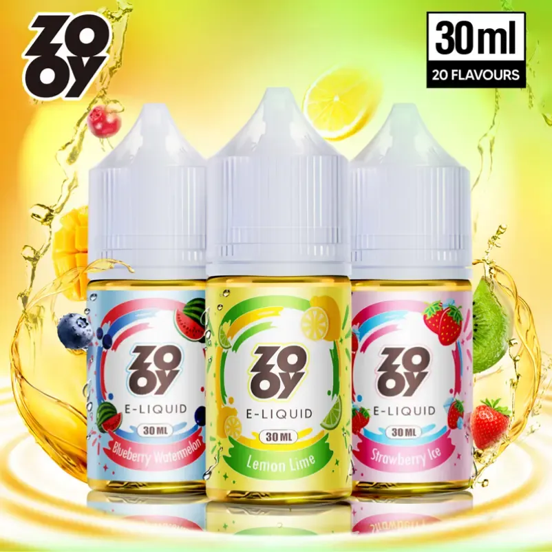 ZOOY 30ml refillable e-liquid bottle packaging showing nicotine strength and ingredients