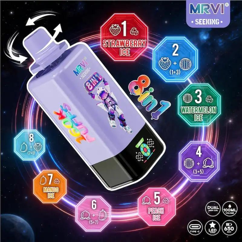 MRVI 160K Puffs Disposable Vape – SEEKING 10 Flavors 8 in 1 , 100mL E-Liquid Dual Mesh Coil Type-C Charging 