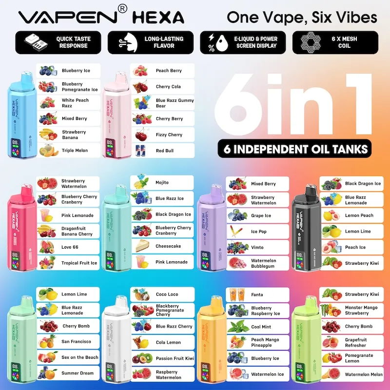 10 flavor options lineup for VAPEN HEXA 6IN1 200K Puffs disposable vape
