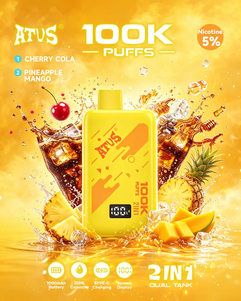 黄色 Vivivapes Smart screen display on ATVS 100K vape showing real-time battery and e-liquid levels